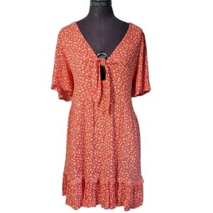 M Paper Moon Coral Dainty Floral Printed Cutout Tie 100% Rayon Sundress